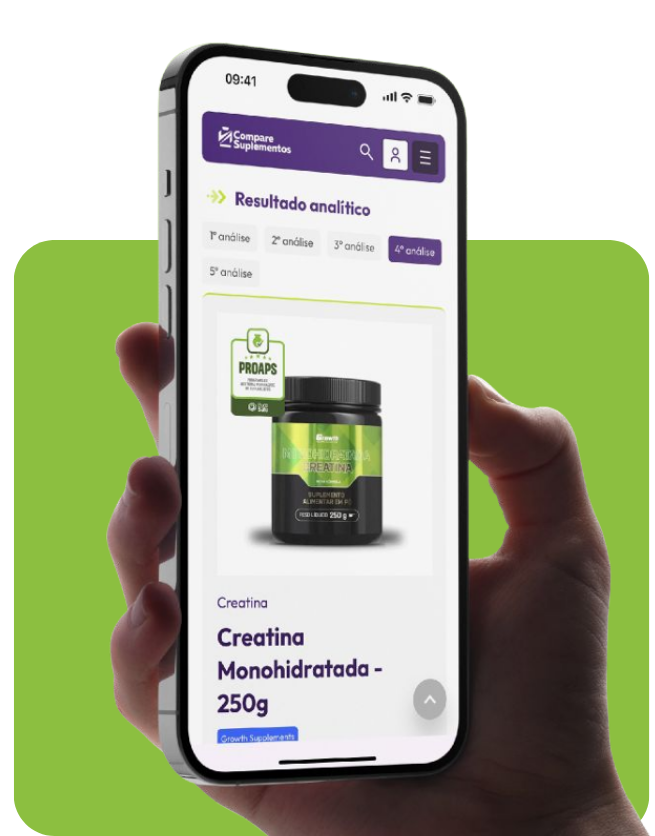 Tela do app Compare Suplementos com o resultado analítico de um produto, mostrando o selo PROAPS, acessada via QR Code