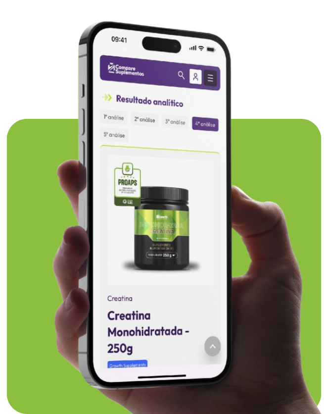 Tela do app Compare Suplementos com o resultado analítico de um produto, mostrando o selo PROAPS, acessada via QR Code