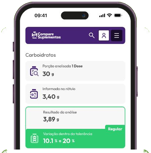 Tela do app com os resultados analíticos e a conformidade do produto