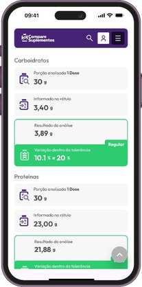 Tela com resultados analíticos e conformidade